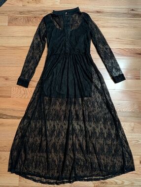 Lace Y2K Dress Womens Small Black Sheer Maxi Slip Sexy Whimsigoth Fairy Grunge